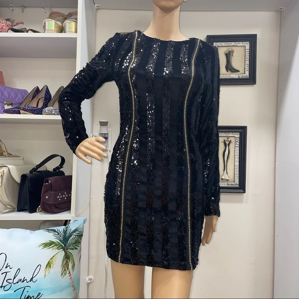 Xtaren NWT! Black Velvet Sequin Striped Chain Long Sleeve Stretchy Mini Dress - Picture 2 of 14